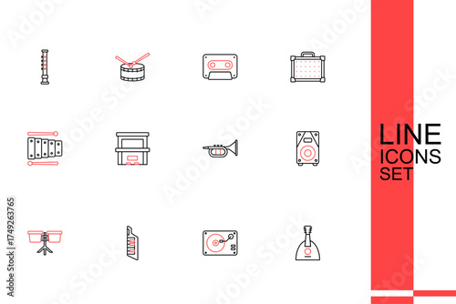 Set line Balalaika, Vinyl player with vinyl disk, Keytar, Bongo drum, Stereo speaker, Trumpet, Piano and Xylophone icon. Vector