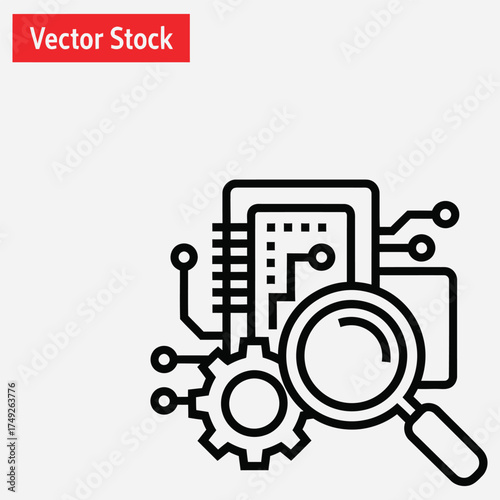 Data analysis and research concept with magnifying glass, gear and circuit board