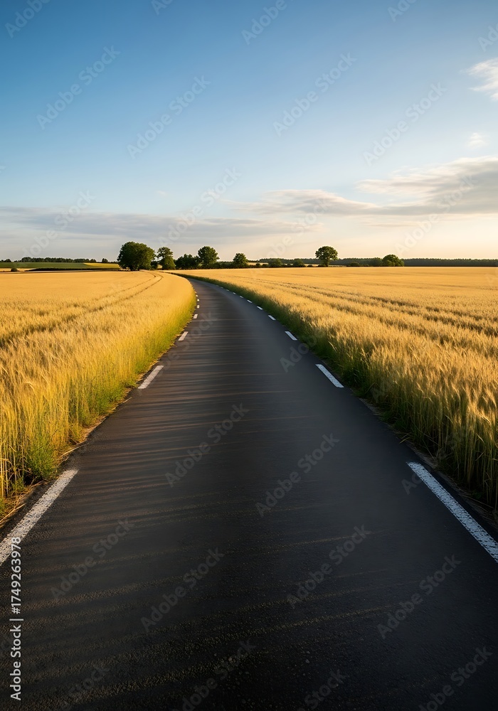 Obraz premium Road Through Golden Wheat Fields Under a Clear Blue Sky.