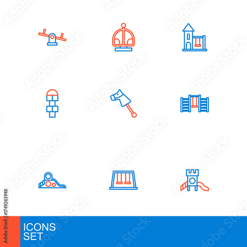 Set line Slide playground, Swings for kids, Swedish wall, Hopscotch, Toy horse, and Attraction carousel icon. Vector