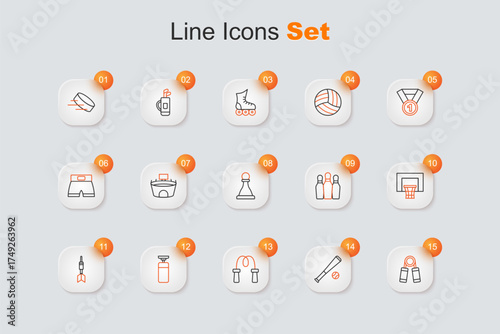 Set line Sport expander, Baseball bat with ball, Jump rope, Punching bag, Dart arrow, Basketball backboard, Bowling pin and Chess icon. Vector