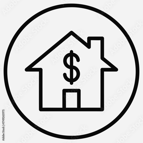 Minimalist vector icon of a house with a dollar sign symbolizing real estate, home financing, and property investment