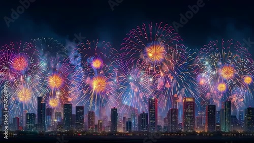 Vibrant fireworks lighting up the night sky above a city skyline, capturing the excitement of celebration.