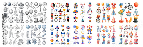 Set of circus and carnival objects including tents, clowns, balloons, juggling tools, and stage props in color and outline versions. Perfect for entertainment, event, or festival design