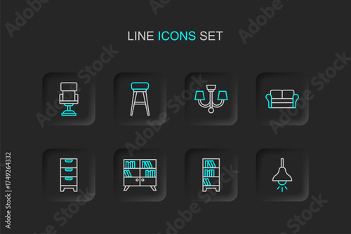 Set line Lamp hanging, Library bookshelf, Chest of drawers, Sofa, Chandelier, Chair and Office chair icon. Vector