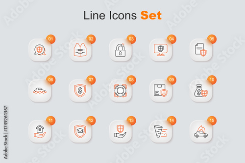 Set line Burning car, Tornado, Shield hand, Graduation cap with shield, House, Money bag, Delivery security and Lifebuoy icon. Vector