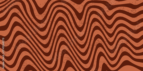 Retro coffee color background. Milk chocolate liquid dessert texture. Wavy swirl candy pattern for poster, cover, banner, pamphlet. Vintage brown trippy hippie wallpaper in 60s or 70s style. Vector