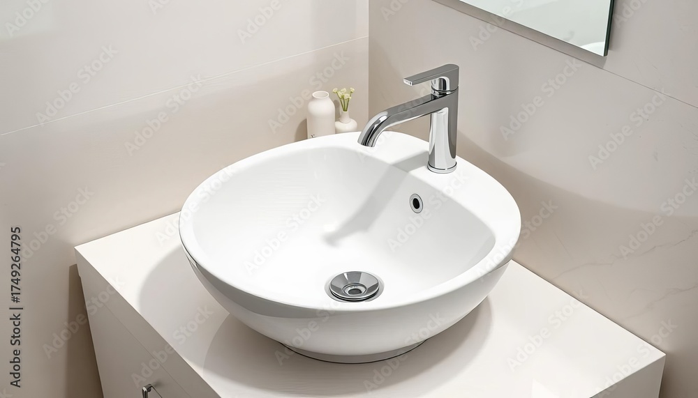 Fototapeta premium Sleek, minimalist white ceramic bathroom sink with chrome faucet, white, luxury