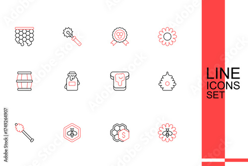 Set line Bee on flower, Sale of honeycomb, and, Honey dipper stick, Hive for bees, Bread with, Jar and Wooden barrel icon. Vector