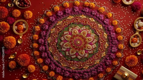 A vibrant mandala rangoli surrounded by glowing diyas and delicious sweets, celebrating the festive spirit.