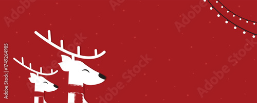 Cute Christmas reindeer on a red background. Christmas background, banner, or card. Merry Christmas text.