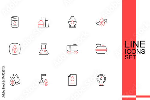 Set line Motor gas gauge, Contract money and pen, Oil petrol test tube, drop with dollar symbol, Canister for gasoline, railway cistern, and icon. Vector