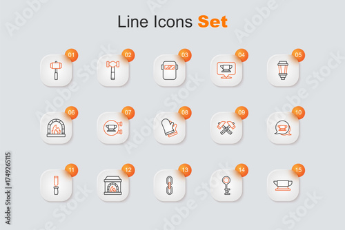 Set line Blacksmith anvil tool, Old key, Chain link, oven, Rasp metal file, Crossed hammer and Protective gloves icon. Vector