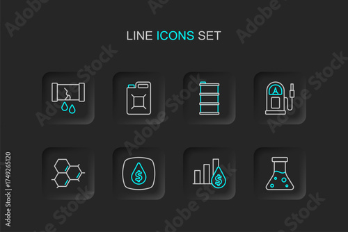 Set line Oil petrol test tube, Pie chart and dollar, drop with symbol, Molecule oil, Petrol or gas station, Barrel, Canister for gasoline and Broken pipe valve icon. Vector