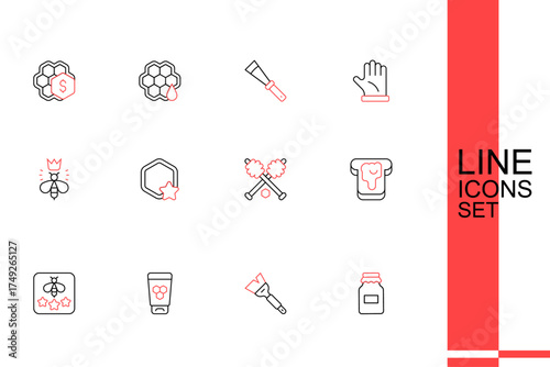 Set line Jar of honey, Beekeeping brush, Cosmetic tube with, Type bee, Bread, Honey dipper stick, Honeycomb and Queen icon. Vector