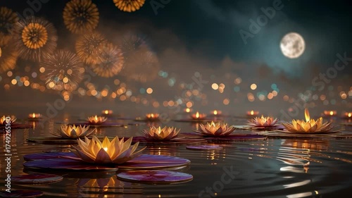 Serene Diwali celebration on water with glowing lotus lamps reflecting under a full moon for a magical ambiance.