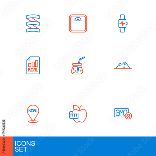 Set line No GMO, Apple and measuring tape, Kcal, Salt, Diet plan, Fresh smoothie, Smart watch with heart and Bathroom scales icon. Vector