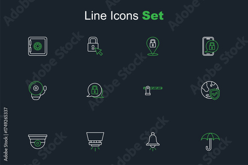 Set line Umbrella, Ringing alarm bell, Fire sprinkler system, Security camera, Shield with world globe, Parking car barrier, Lock and icon. Vector