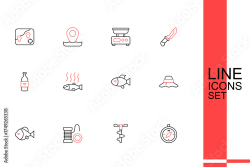 Set line Compass, Hand ice drill, Spinning reel for fishing, Fish, Fisherman hat, Dead and Bottle of vodka icon. Vector