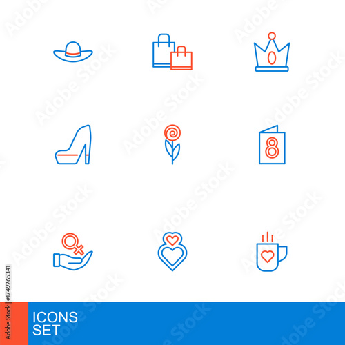 Set line Coffee cup and heart, Heart, Female gender symbol, Greeting card with 8 March, Woman shoe, Flower, King crown and Paper shopping bag icon. Vector