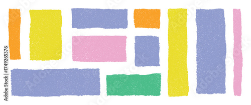 Colorful hand drawn crayon rectangles and squares with grunge texture. Abstract vector shapes, pastel sketch boxes, speech bubbles with rough edges on transparent background, artistic layout elements
