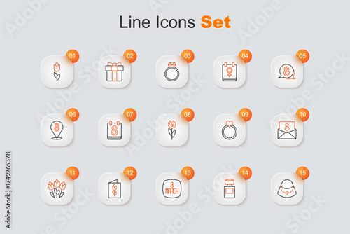 Set line Handbag, Perfume, 8 March, Greeting card with, Flower tulip, Envelope, Diamond engagement ring and icon. Vector