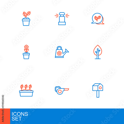Set line Bird house, Leaf garden blower, Plant in pot, Tree, Flower, Watering can, and Automatic irrigation sprinklers icon. Vector
