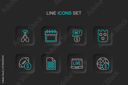 Set line Football betting money, Online poker table game, Lottery ticket, American football, Casino chip with dollar, Calendar and Dart arrow icon. Vector