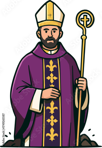 Cartoon Bishop Vector Illustration with Purple Ceremonial Robe, Mitre, and Crosier – Catholic Church Priest Character