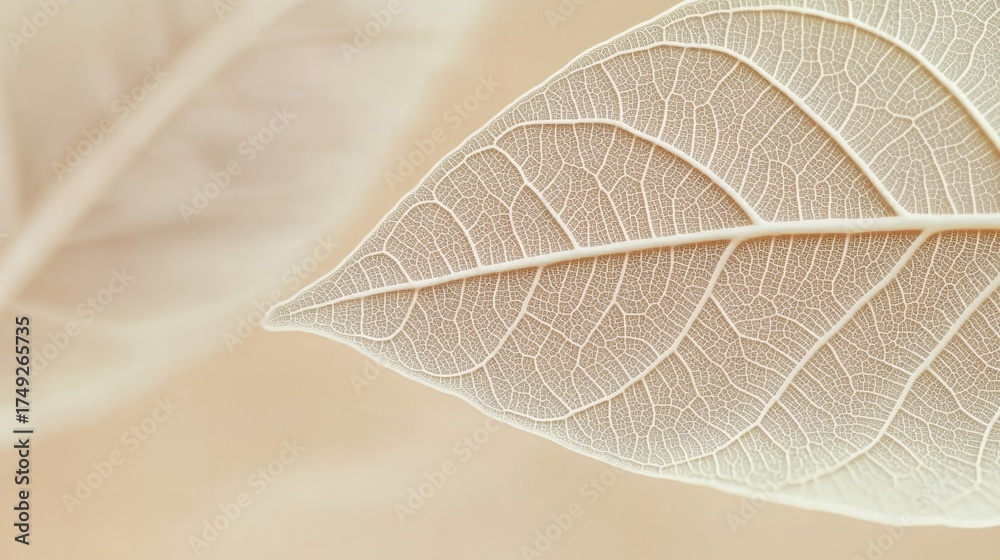Obraz premium Intricate Close-Up of Translucent Skeleton Leaves with Detailed Vein Patterns on Beige Background