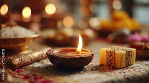 A glowing Diwali oil lamp surrounded by sweets and gifts on a wooden table, symbolizing joy and prosperity.