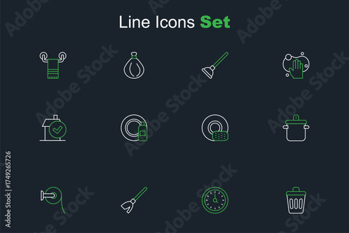 Set line Trash can, Clock, Handle broom, Toilet paper roll, Cooking pot, Washing dishes, Dishwashing bottle plate and Home cleaning service icon. Vector