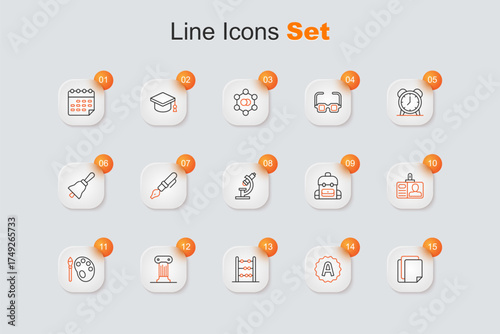 Set line File document, Exam sheet with A plus grade, Abacus, Law pillar, Paint brush palette, Identification badge, School backpack and Microscope icon. Vector