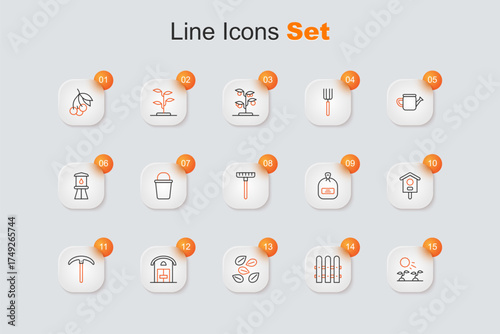 Set line Plant sprouts grow in the sun, Garden fence wooden, Seeds of specific plant, Farm house, Pickaxe, Bird, Pack full seeds and rake icon. Vector