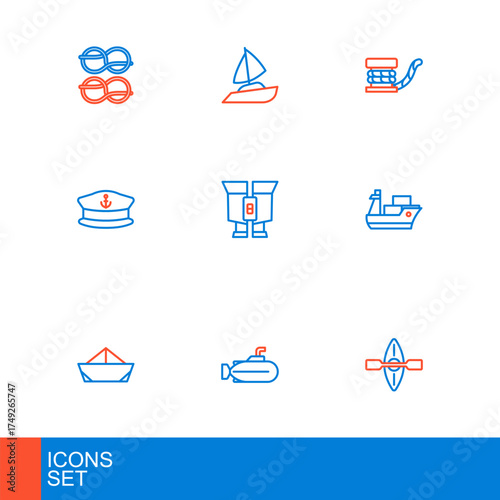 Set line Kayak and paddle, Submarine, Folded paper boat, Cargo ship, Captain hat, Binoculars, Marine bollard with rope and Yacht sailboat icon. Vector