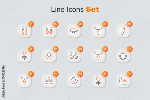 Set line Diamond engagement ring in box, Stud earrings, Necklace mannequin, King crown, Pendant necklace, Christian cross chain and Earrings icon. Vector