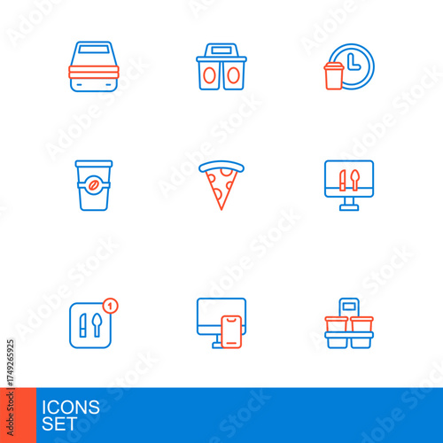 Set line Coffee cup to go, Online ordering food, Food, Slice pizza, Round the clock delivery and icon. Vector