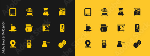 Set Coffee machine, Electric coffee grinder, turk, pot, Pour over maker, Electronic scales and French press icon. Vector