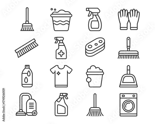 Set of 16 minimalist line art icons for cleaning and household chores vector illustration scalable eps silhouette