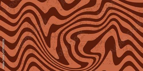Retro coffee color background. Milk chocolate liquid dessert texture. Wavy swirl candy pattern for poster, cover, banner, pamphlet. Vintage brown trippy hippie wallpaper in 60s or 70s style. Vector