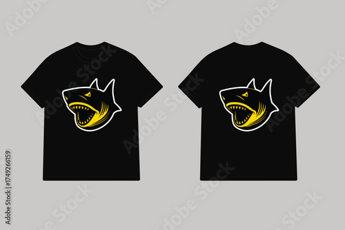 Black tshirts with fierce yellow shark head graphic