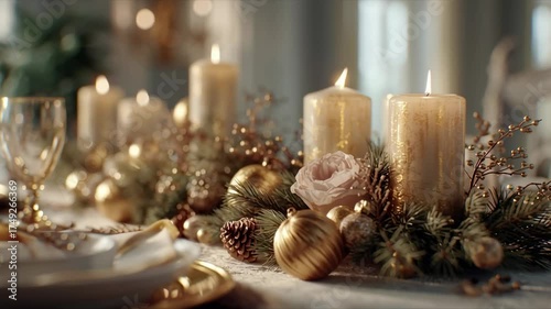 An elegant Christmas candlelit table setting adorned with shimmering ornaments, creating a warm and festive ambiance.