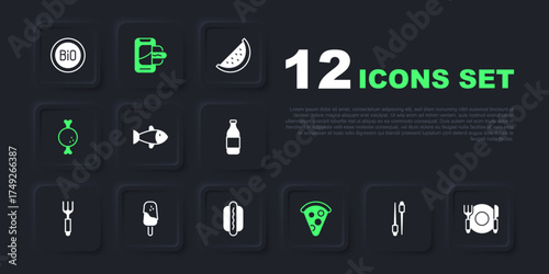 Set Food chopsticks, Plate, fork and knife, Fish, Slice of pizza, Chicken leg, Ice cream, ordering on mobile and Hotdog icon. Vector