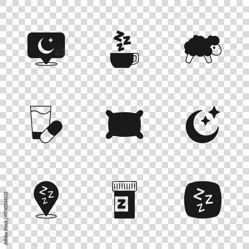 Set Sleeping pill, Moon and stars, Sleepy, Pillow, Sheep, Chamomile tea and icon. Vector