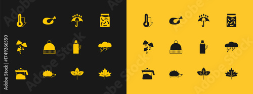 Set Pickled cucumbers in a jar, Hedgehog, Thermos container, Leaf, Winter hat, Umbrella and rain drops, Thermometer and Roasted turkey or chicken icon. Vector
