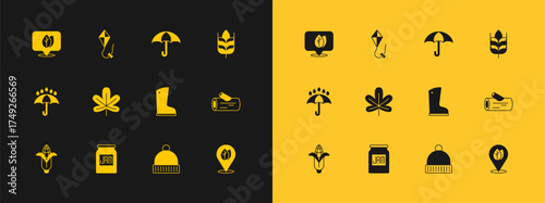 Set Wheat, Jam jar, Waterproof rubber boot, Winter hat, Chestnut leaf, Umbrella, Location with and Kite icon. Vector