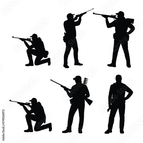 Set of six black silhouette illustrations of hunters with rifles ready for action vector graphics silhouette