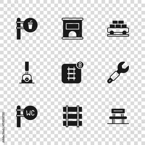 Set Railway, Wrench spanner, Waiting hall, Online ticket booking, Cargo train wagon, Cafe and restaurant location, Ticket office to buy tickets and Arrow for switching the railway icon. Vector