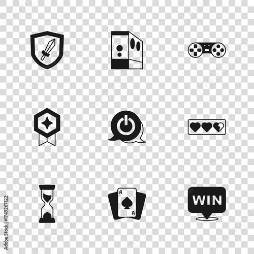 Set Playing cards, Game life bar, Medal, Power button, controller or joystick, Sword for game, Case of computer and rating with medal icon. Vector