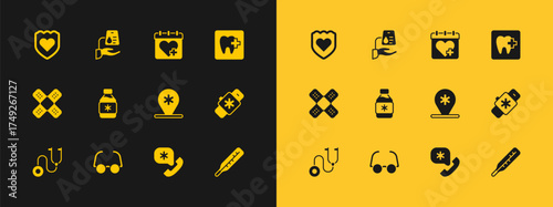 Set Dental clinic location, Glasses, Location hospital, Emergency call 911, Bottle of medicine syrup, Doctor appointment, Immune system and Blood donation icon. Vector
